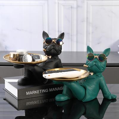 China Cool Europe French Bulldog Statue With Glass Stand Metal Tray Piggy Bank Anime Figurine Craft Ornament Resin Decor Gift for sale