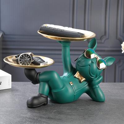 China Wholesale High Quality Europe Bulldog Statue Butler Bulldog Sculpture With Tray Ornament Home Decoration Resin Art Decoration For Home for sale