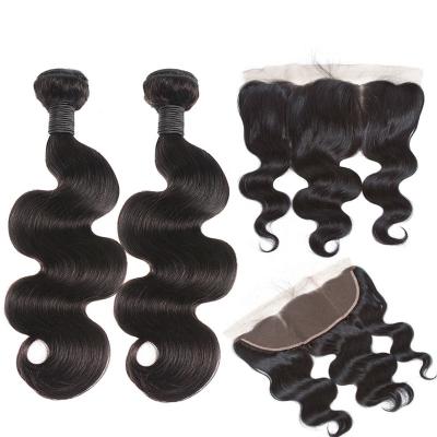 China 100%Human Body Wave Hair Bundles With HD Lace Frontal , 28 30 Inch Body Wave 3 Brazilian Hair Bundles With Closure for sale