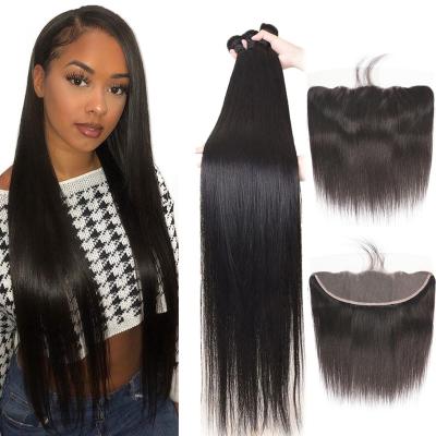 China Silky Straight Wave Hair Bundles With 13x4 Lace Frontal Brazilian Hair Straight Weaves 3 Bundles With Headband 28 30 Inch for sale