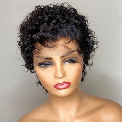 China Cheap Transparent Hair 13X1 Lace Wig Pixie Cut Short Curly Human Hair Kinky Curly Wigs For Women Hair Pixie Cut Wig for sale