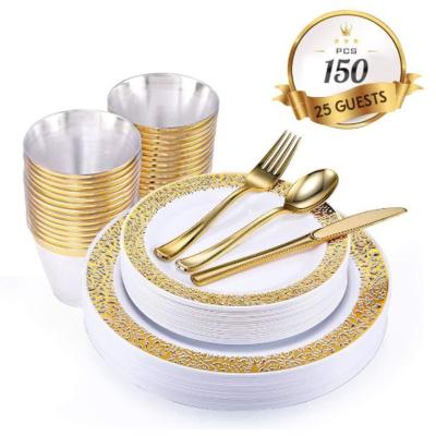 China 150 PCS Gold Rose Disposable Silverware Lace Design Wedding Disposable Plastic Dishes with Gold Cup and Cutlery Party Set for sale