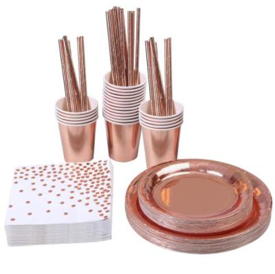 China Custom Disposable Rose Gold Eco Friendly Cheap Paper Plate Wedding Disposable Party Set for sale