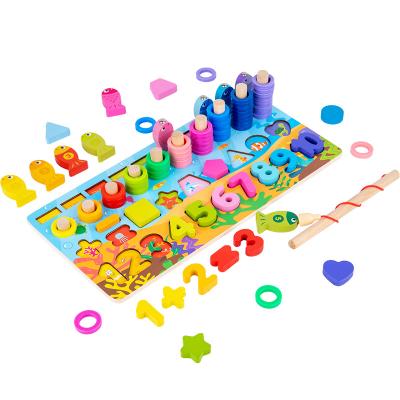 China Early Education Montessori Wooden Toys Four-in-One Alphanumeric Operation Fishing Logarithmic Board Children's Early Education Shape Recognition for sale