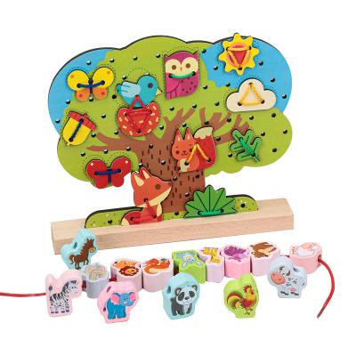 China Educational Kid Toys Beaded Building Blocks Childhood Educational Animals Stacking Wooden Animals String Threading Beads Toddler Preschool Toys for sale