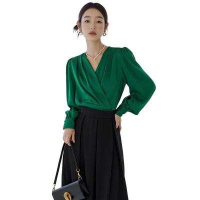 China New Satin Grace V-Neck Elegant Style Spring Anti-Pilling Long Sleeve Pleated Top Blouse for sale