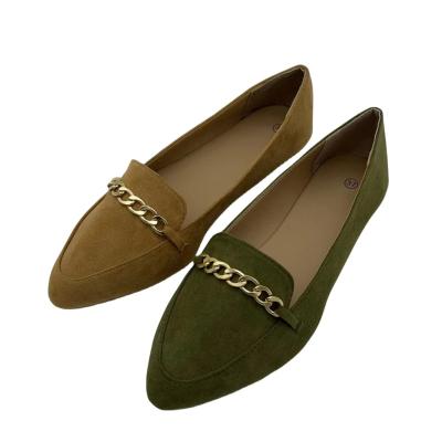 China Flat 2023 Wholesale custom suede ladies single shoe pointed toe women's flat shoes with chain buckle at toe for sale