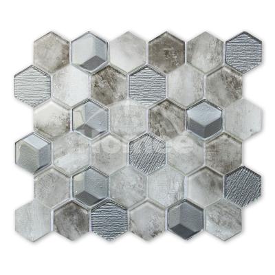 China High Quality Gray Blue Background Hexagon Pattern 8Mm Parquet Wall Art Decor 3D Wave Shape Crystal Glass Kitchen Backsplash Mosaic Slab for sale