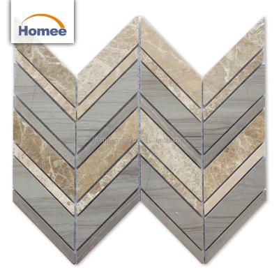 China Parquet China Athens Gray Marble Waterjet Mosaic Chevron Shaped Light Emperador Marble Mosaic for sale