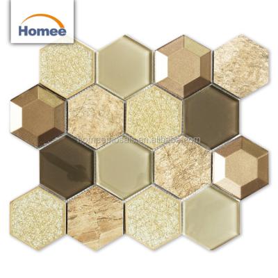 China Cracked Mixed Parquet Emperador Gold Mosaic Slab Marble Stone Diamond Colored Mosaic Hexagon Glass Mosaic for sale