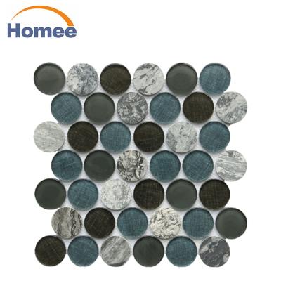 China Parquet Iridescent Green Mixed Round Glass Mosaic Slab For Swimming Pool for sale