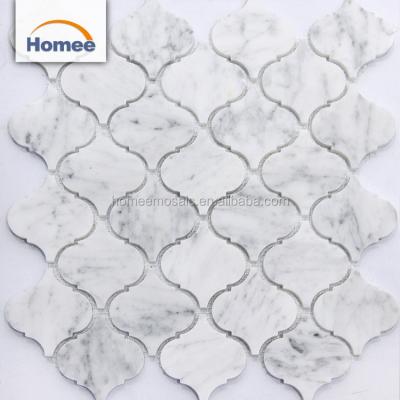 China Parquet 12x12 Subway Lantern Waterjet Carrara Waterjet Arabesque Shiny White Glossy Polish Marble Mosaic Slab for sale