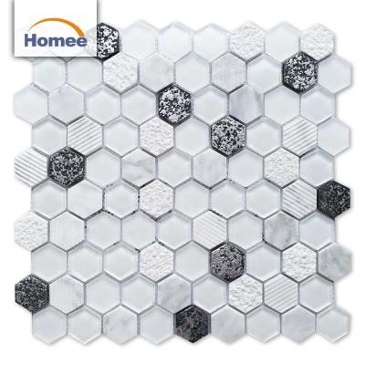 China Carrara Mosaic Glass Slab Mix Parquet Gray Color 3D Slab Hexagon Honeycomb Dark Glass White Marble Mosaic Slab For Kitchen Backsplash for sale