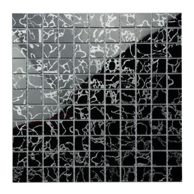 China Parquet Foshan discounted decoration black sliver grain kitchen mosaic glass tiles for wall decor for sale