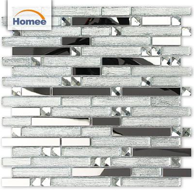 China Wholesale Parquet Silver Aluminum Mix Diamond Backsplash Wall Glass Mosaic Slab for sale