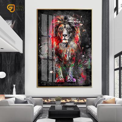 China Abstract Waterproof Lions Modern Colorful Animal Decor Pictures Crystal Porcelain Pop Art Glass Animal Wall Art for sale