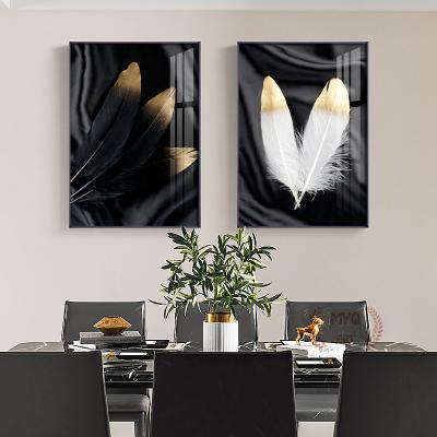 China Nordic Waterproof Modern Home Mirror Feather Black Decor Leaf Wall Art Canvas Painting Crystal Porcelain for sale