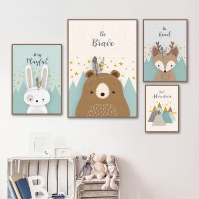 China Waterproof Room Nordic Decor Small Room Children Boy Cartoon Nursery Deer Fox Fox Rabbit Animal Painting Canvas for sale