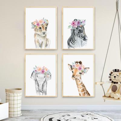 China Waterproof Animal Kid Room Lion Zebra Elephant Giraffe Nursery Poster Canvas Flower Print Wall Art for sale