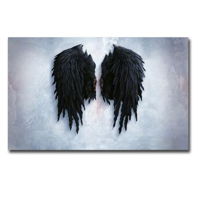 China Waterproof Black Wall Art Canvas Painting Of Art Work Angel Wings Feather Wall Picture Angel Wings Canvas Painting Large Size for sale