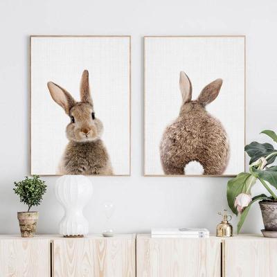 China Bunny Rabbit Tail Minimalist Animal Canvas Painting Wall Art Woodland Picture Nursery Print Kids Baby Room Decor Nordic Waterproof for sale