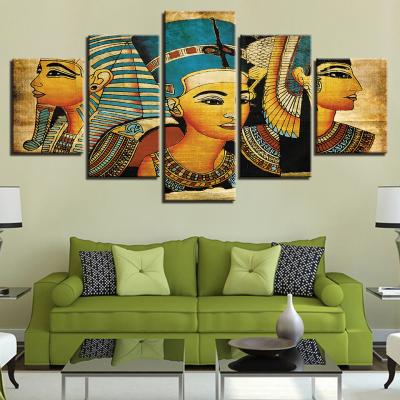 China Waterproof Vintage Pictures Printed Modern 5 Panel Pharaoh Paintings Ancient Egypt African Canvas Art Home Decor for sale