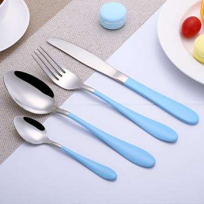 China Blue Stainless Steel Tableware Spray Painted Handle Knife Fork Spoon Set Viable High Quality Gift for sale