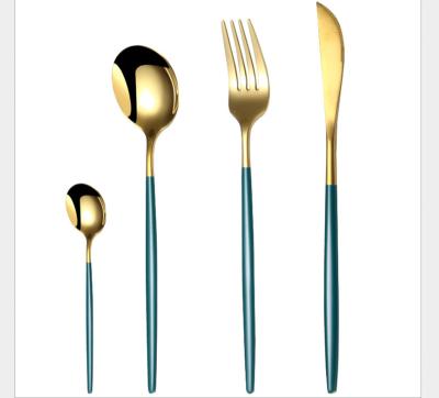 China Sustainable Luxury SS304 Stainless Steel Gold Green Cutlery Set Flatware Set Dinnerware Set for sale