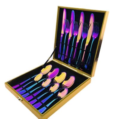 China Wholesale Viable Colorful Rainbow Stainless Steel Flatware 16pcs Sets With Wooden Box Flatware Sets For Weeding Gift for sale