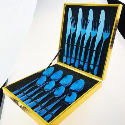 China Viable Royal Titanium Plating Blue Color Flatware Wholesale, 16pcs Blue Cutlery Sets Wholesale With Wooden Box for sale