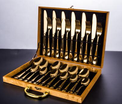 China Viable royal titanium gold plated flatware wholesale,24pcs gold plated flatware wholesale with wooden box cutlery sets for sale