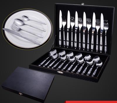 China High Quality Viable Mirror Polishing Mounted Handle Flatware Sets 24 Pcs Flatware Set With Wooden Box For Wedding Gift Hotel for sale