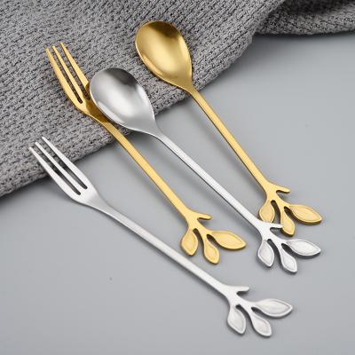 China Sustainable Leaf Shaped Stainless Steel Spoon Unique Shaped Teaspoon Fork Set Keepsake giftReusable Tableware for sale