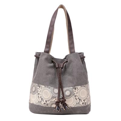 China Handbag Vintage Style Leisure Casual Flower Printed Bucket Bag Canvas Drawstring Shoulder Tote Bags For Women for sale