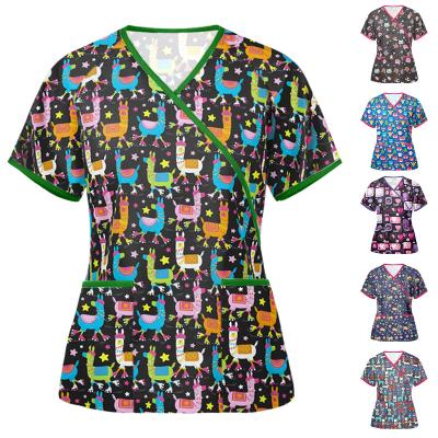 China New 2021 Fashion Nurse Christmas Fashion Hospital Print V-neck Shirt Uniform Comfortable Short Sleeve Adjustable Nursing Scrub Tops for sale