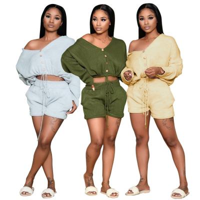 China A6589 Breathable Deep V One Shoulder Button Down Crop Top Long Sleeve Pleated Two Piece Jogger Shorts Set Solid Color Fashionable Clothes for sale