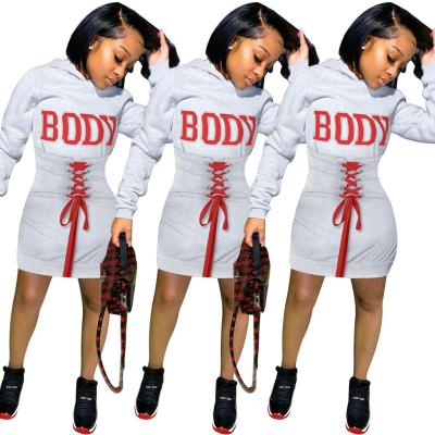 China Breathable N653 2021 Ladies New Design Women Dress Casual Fashion Lace Up Letter Hoodies Long Sleeve Sweatsuit Woman Dresses for sale