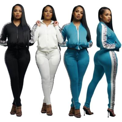 China H165 O neck QUICK DRY zipper plus size color block python pattern sweatpants set solid color fashionable women two pieces for sale