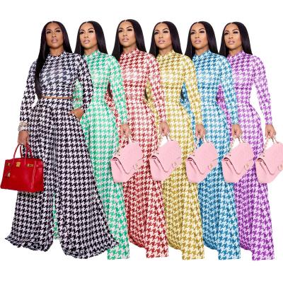 China QUICK DRY MM2139 feature fashionable plaid print round collar long sleeve pants women's leisure suit for sale