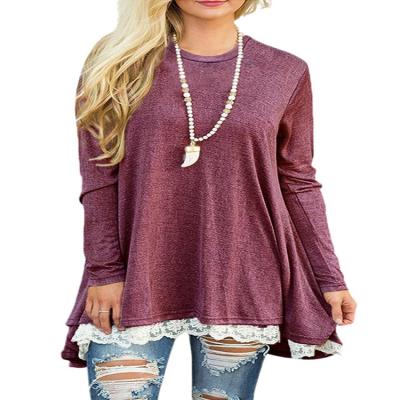 China Anti-Wrinkle Women Lace Up Long Sleeve Swing Loose Tunic T-Shirt One-Line Top Blouse for sale