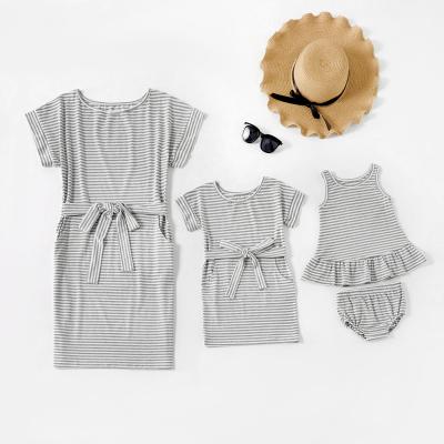 China QUICK DRY Free Short Striped Dress Baby Girl Short Striped Dress Parent-child Pocket Belt Wear Parent-child Sleeve Shipping Top Family Set for sale