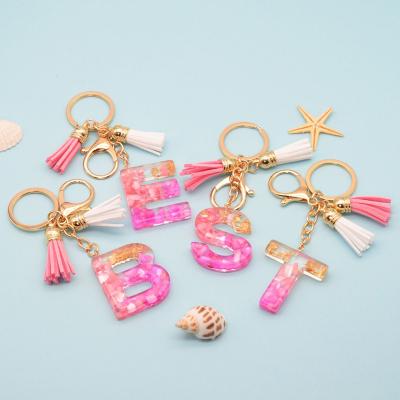 China New Fashion Style Resin Pendant 26 Letters English Pink Acrylic Color Contrast Key Chain With Tassel for sale