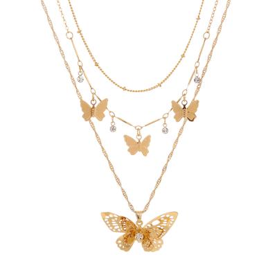 China Hollow Diamond Gemstone Butterfly Necklace Set Big Fashion Metal Butterfly Necklace for sale