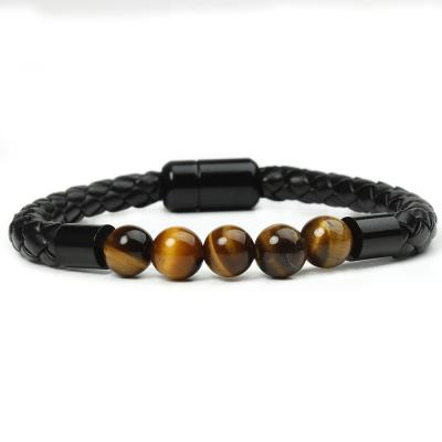 China Tiger Eye Mens Leather Beaded Natural Stone Bracelet From Vintage High Quality Sample Jewelry for sale