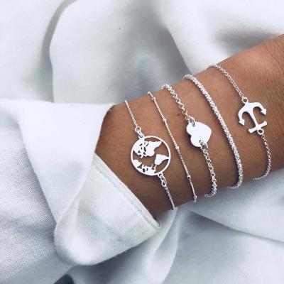 China CLASSIC 5 Pcs Chain Bracelet Jewelry Set Silver Plated Handmade Metal Anchor Heart Map Women Bracelet Set for sale