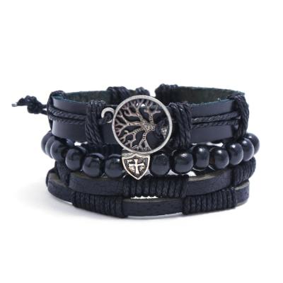 China Wholesale Man Style Braided Tree Leather Connector Life Alloy Bracelet Multilayer Men's Genuine Leather Bracelet for sale