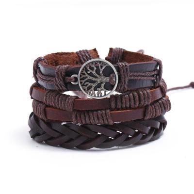 China 3Pcs Leather Braided Bracelet Alloy Tree Of Life Leather Bead Set Multilayer Wrap Leather Bracelet for sale