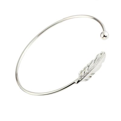 China New handmade polished simple ALLOY girls cuff bracelet jewelry plain shiny metal leaf bracelet for sale