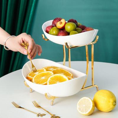 China European light luxury fruit plate multi-layer style metal cake tray hotel wedding dessert ceramic display stand for sale