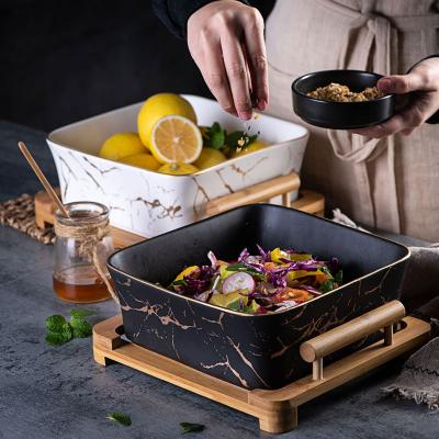 China European Luxury Nordic Creative Ceramic Fruit Dish Wooden Square Frame Square Bowl Household Fruit Dish Wooden Frame Dessert Bowl Square Fruit Salad Bowl for sale